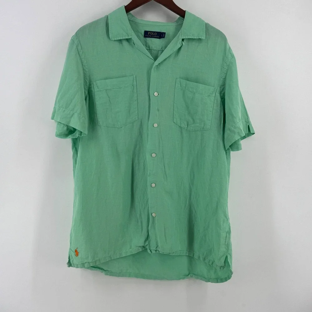 Polo Ralph Lauren Mens Large Seafoam Green Linen Short Sleeve Button Down Shirt